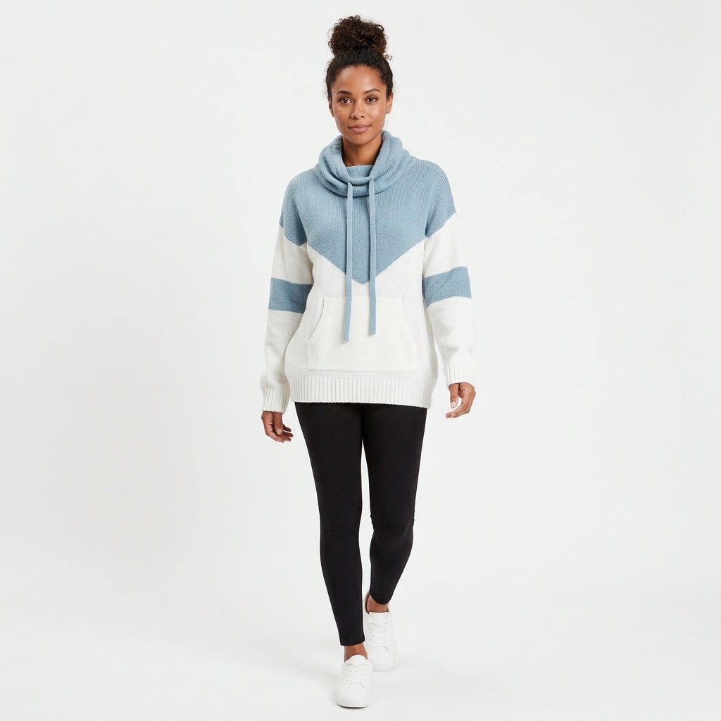 Wren | Women's Colour-Block Cowl Neck Knit Hoodie with Kangaroo Pocket