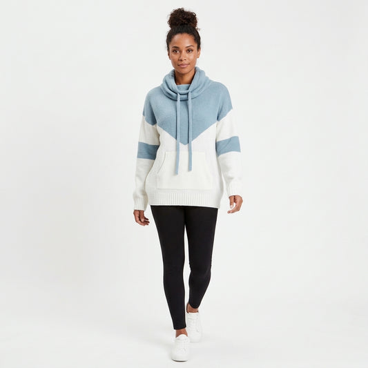 Wren | Women's Colour-Block Cowl Neck Knit Hoodie with Kangaroo Pocket