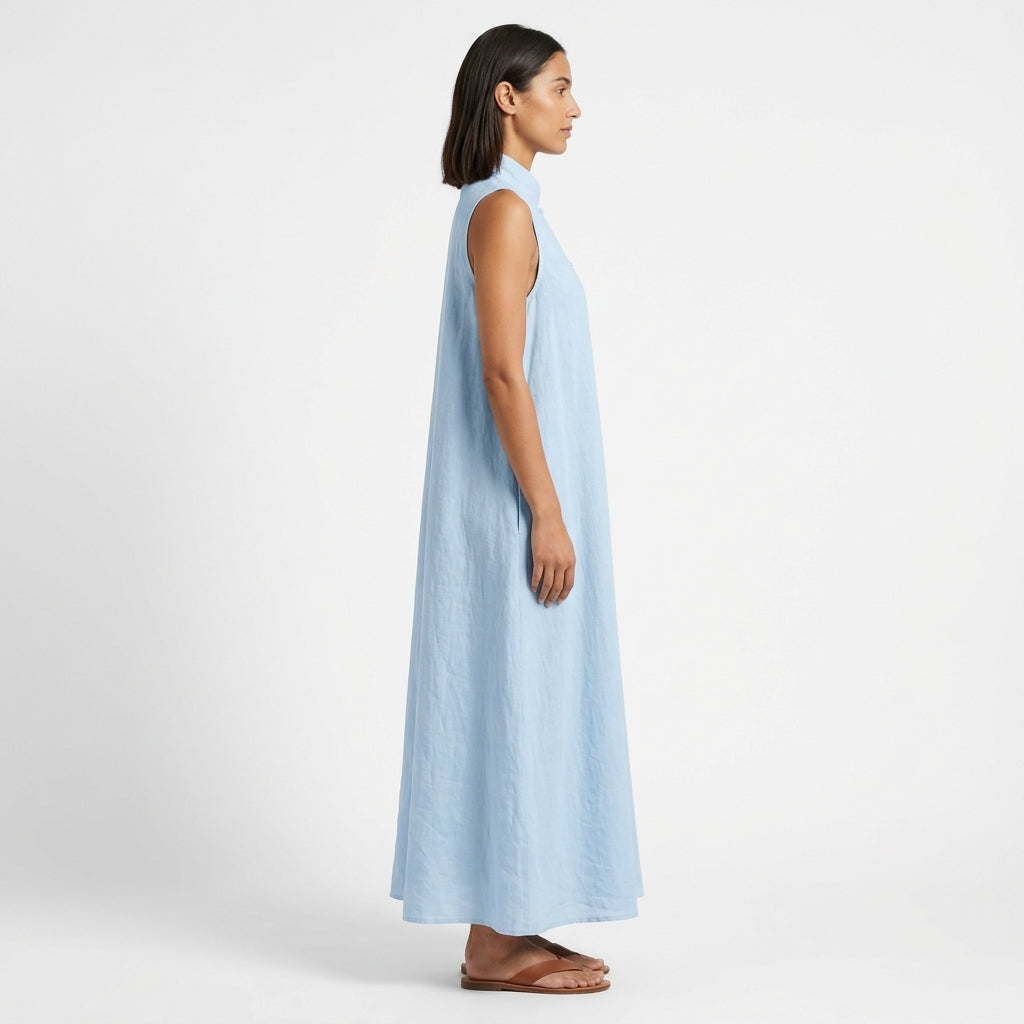 Savrani | Lightweight Sleeveless Maxi Dress with Mandarin Collar, Frog Closures and Pockets