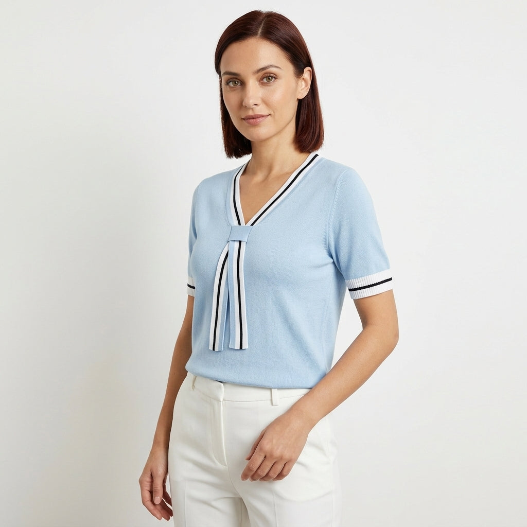 Grace | Women's Short-Sleeve V-Neck Sweater with Contrast Tie Detail