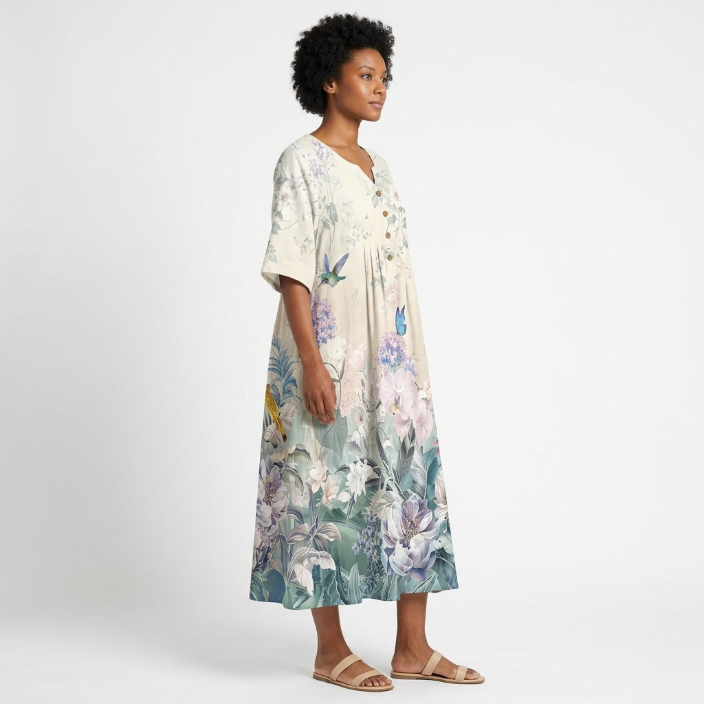 Julia | Women's Floral Maxi Dress with V-Neck, Decorative Buttons and Pockets