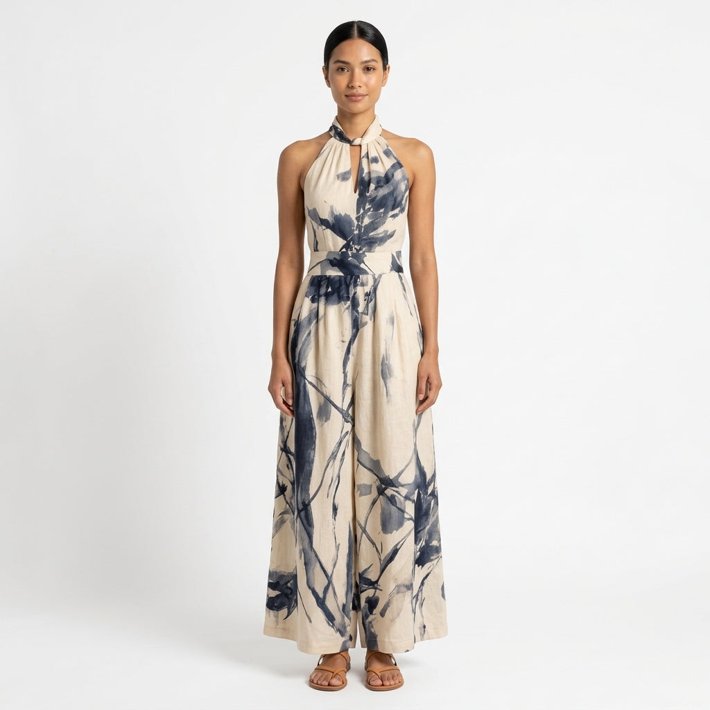 Aria | Artistic Print Halter Maxi Dress with Defined Waist