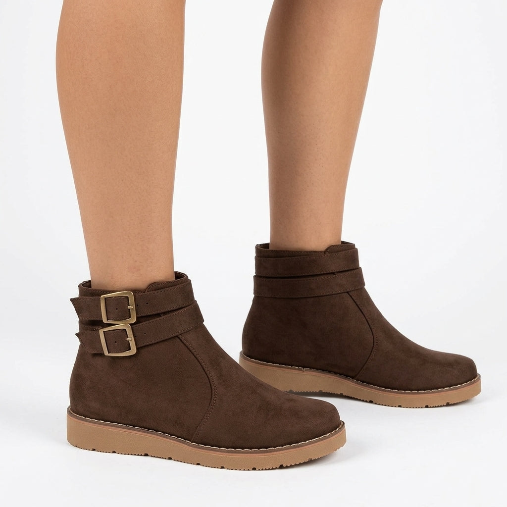 Isolde Suede-Look Ankle Boots with Double Buckle Straps and Low Wedge Sole