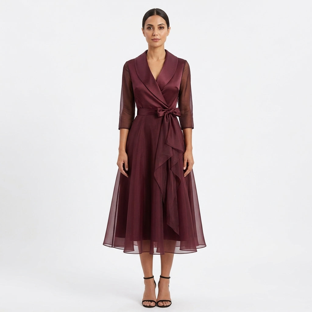 Arabella | Burgundy Midi Dress with Shawl Collar, Sheer Sleeves and Tie Waist