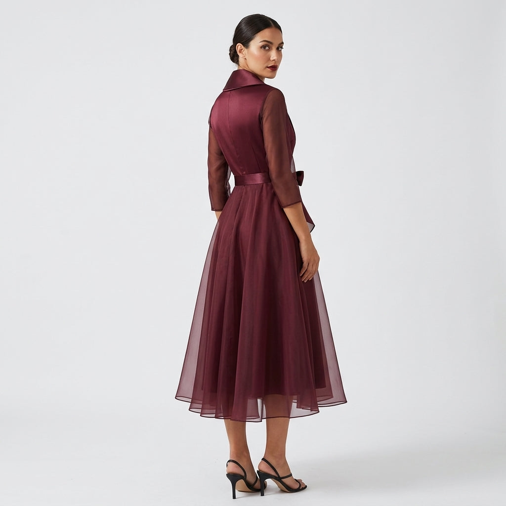 Arabella | Burgundy Midi Dress with Shawl Collar, Sheer Sleeves and Tie Waist