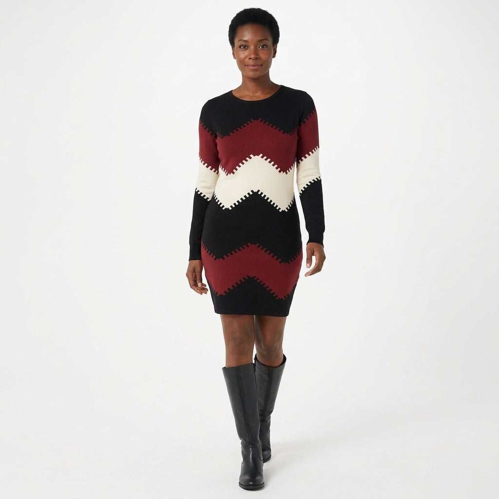 Charlotte | Women's Chevron Colour-Block Long-Sleeve Sweater Dress