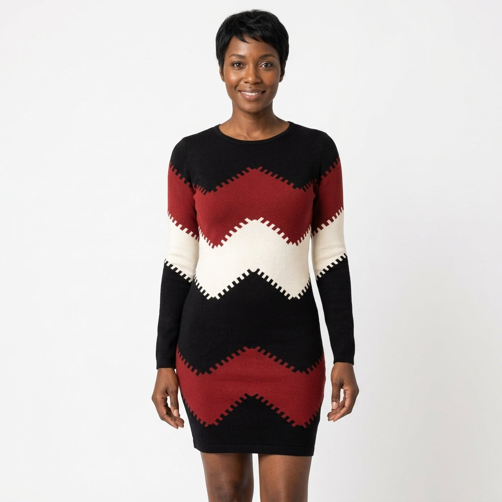 Charlotte | Women's Chevron Colour-Block Long-Sleeve Sweater Dress
