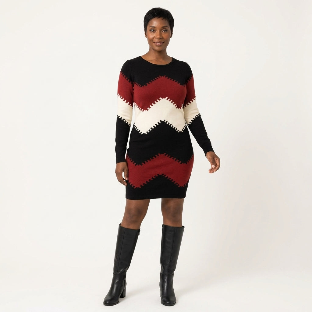 Charlotte | Women's Chevron Colour-Block Long-Sleeve Sweater Dress