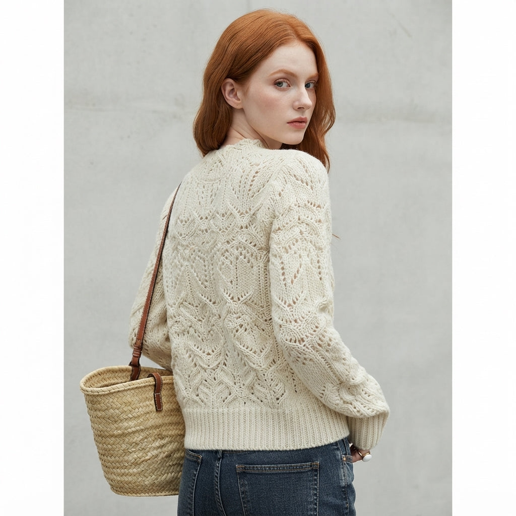 Off White Textured Cut Out Knit Sweater with Round Neck