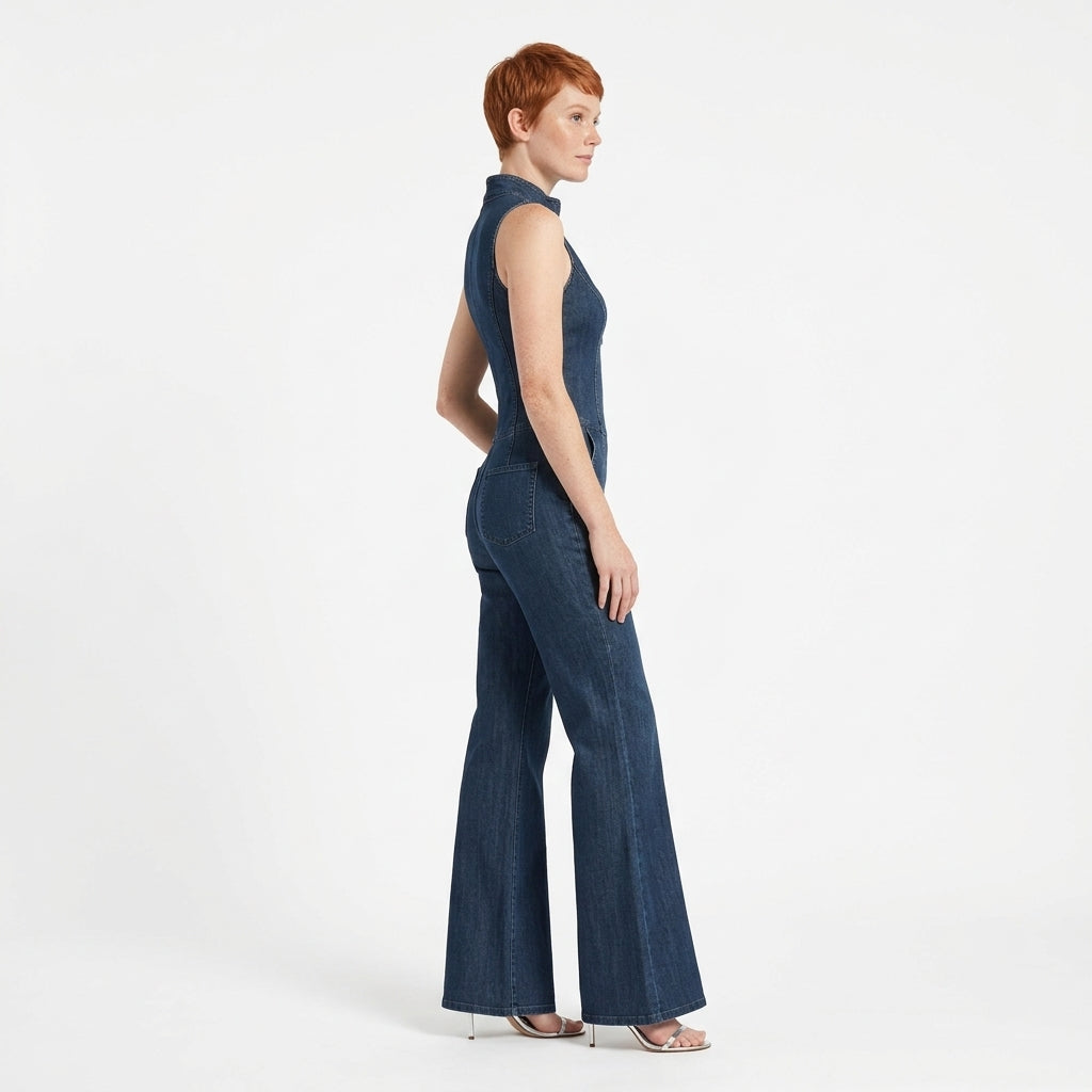 Ella | Women's Sleeveless Denim Jumpsuit with Stand Collar, Front Zip and Flared Legs