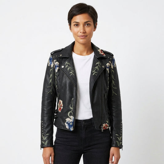 Clarissa | Women's Faux Leather Biker Jacket with Floral Embroidery and Studs