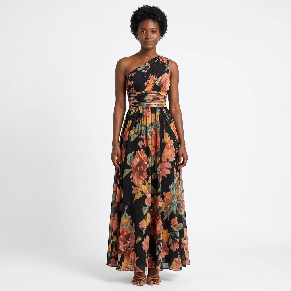 Amara | One-Shoulder Floral Maxi Dress with Ruched Waist and A-Line Skirt