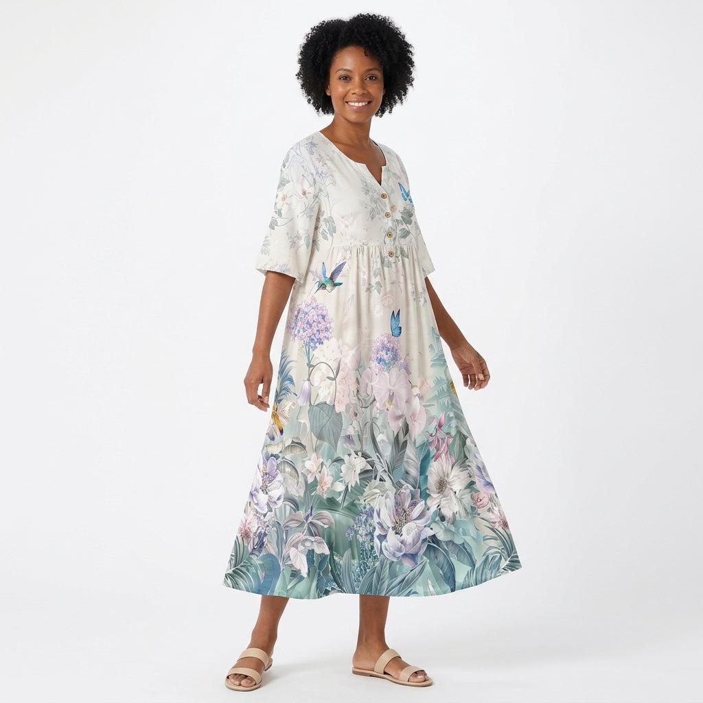 Julia | Women's Floral Maxi Dress with V-Neck, Decorative Buttons and Pockets