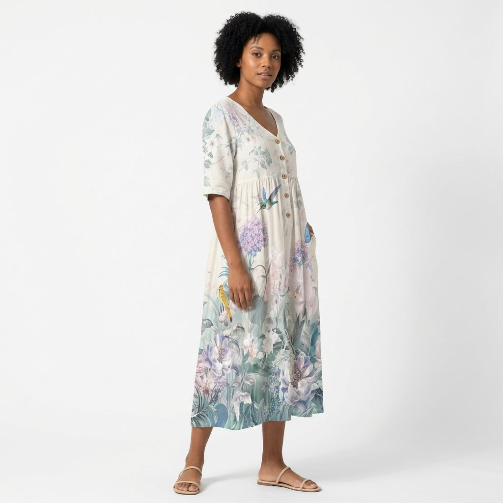 Julia | Women's Floral Maxi Dress with V-Neck, Decorative Buttons and Pockets