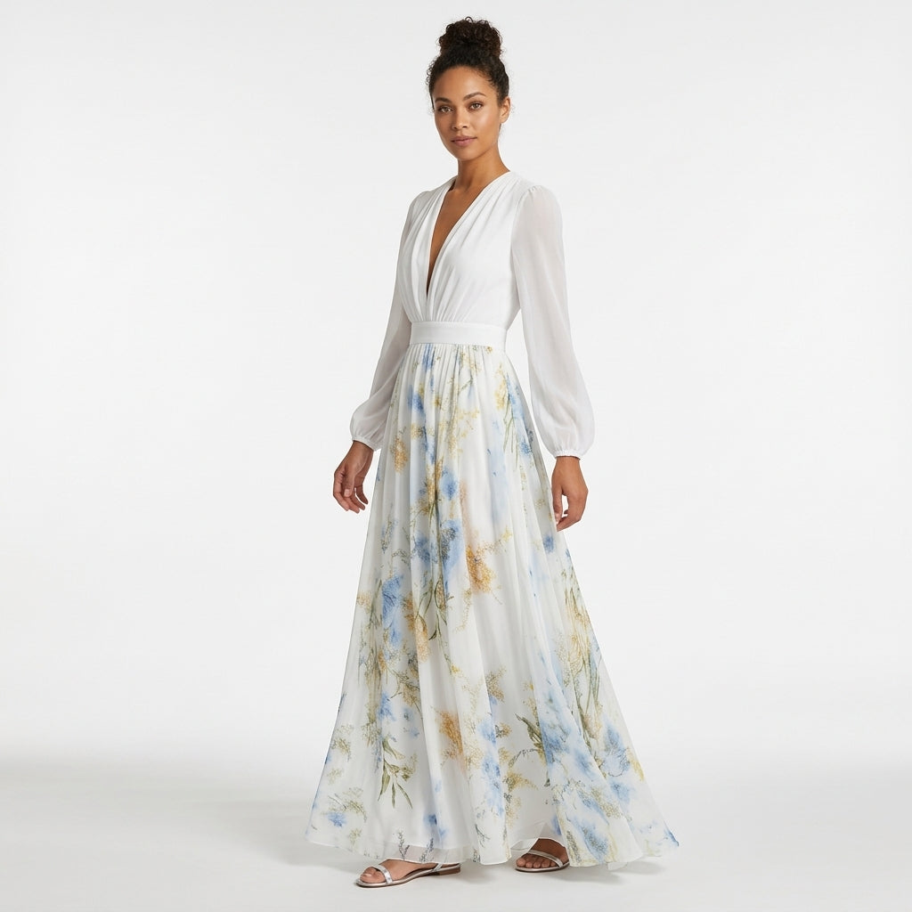 Celena | Floral Maxi Occasion Dress with Deep V-Neck and Long Sleeves