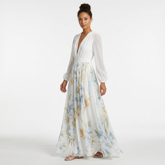 Celena | Floral Maxi Occasion Dress with Deep V-Neck and Long Sleeves