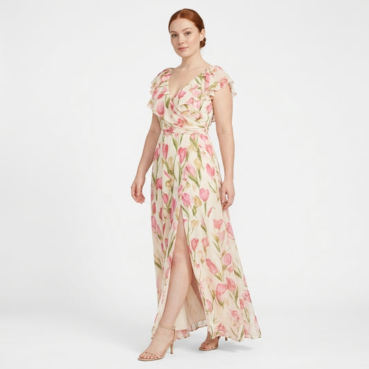 Celeste | Floral Maxi Dress with V-Neck, Flutter Sleeves and Side Slit