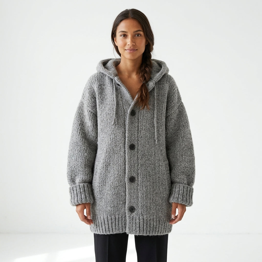 Elara | Women's Chunky Knit Oversized Cardigan with Hood and Pockets