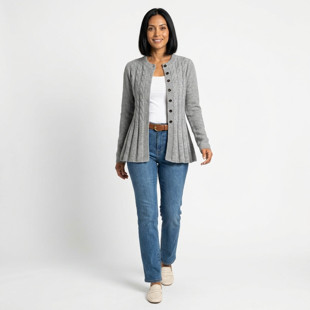 Fenn | Women's Cable-Knit Button-Front Cardigan with Peplum Hem