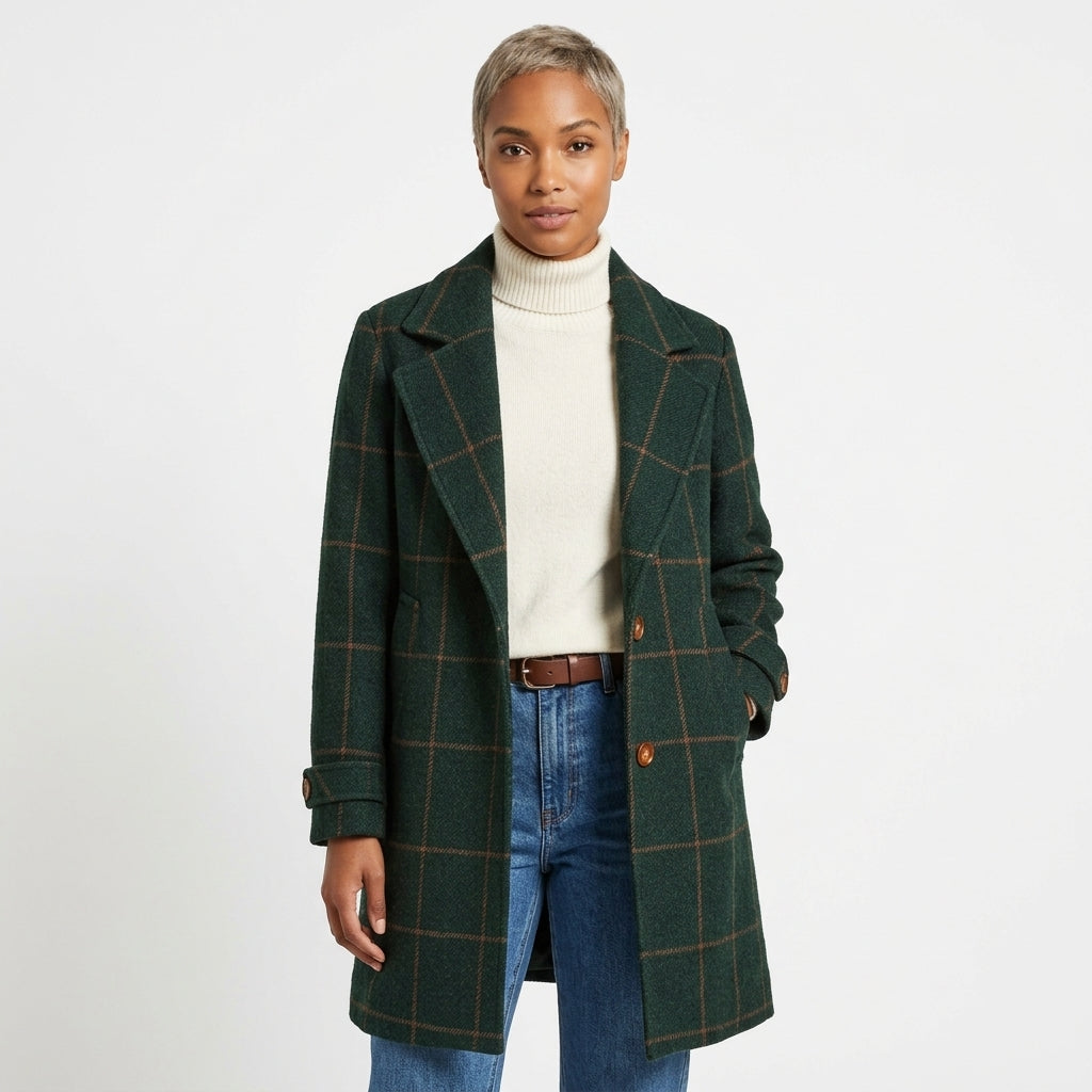 Jennifer wool-blend windowpane check coat with lapel collar