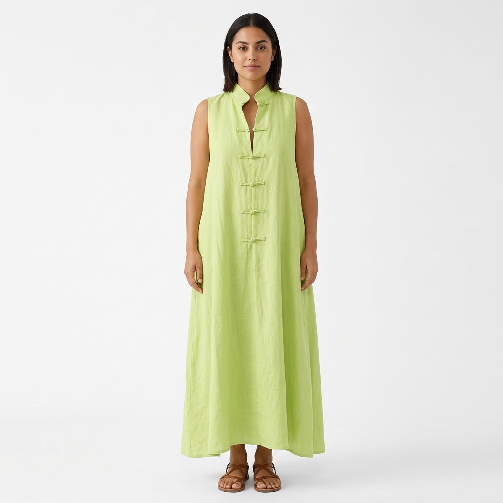 Savrani | Lightweight Sleeveless Maxi Dress with Mandarin Collar, Frog Closures and Pockets