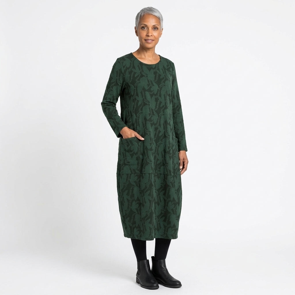 Grace | Women's Long-Sleeve Leaf-Print Midi Dress with Pockets