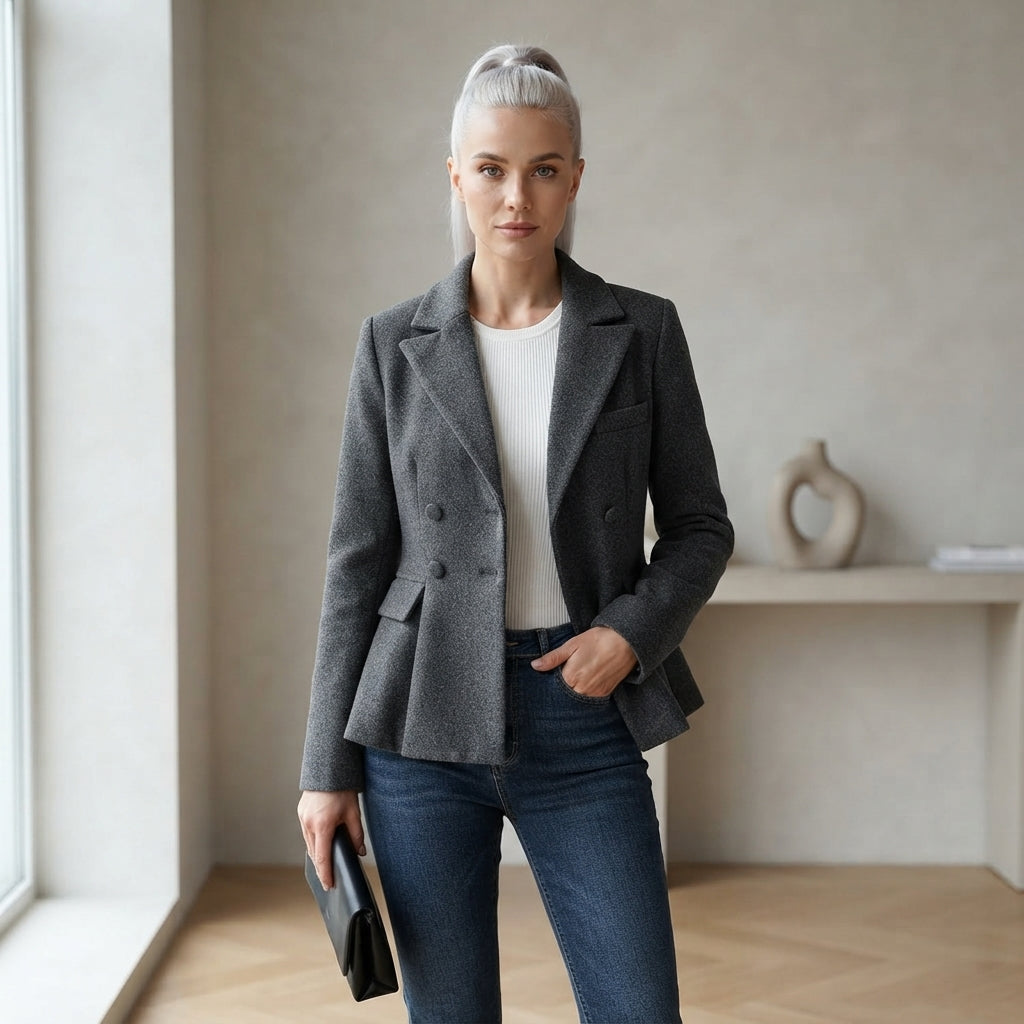 Grey Textured Double-Breasted Slim Fit Blazer