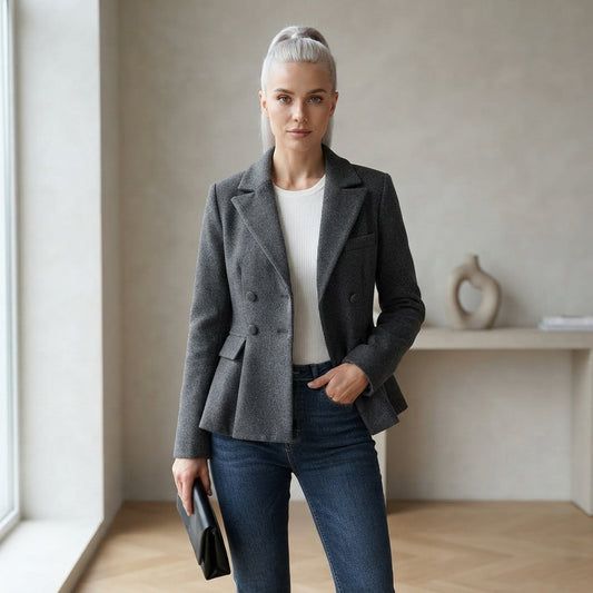 Grey Textured Double-Breasted Slim Fit Blazer