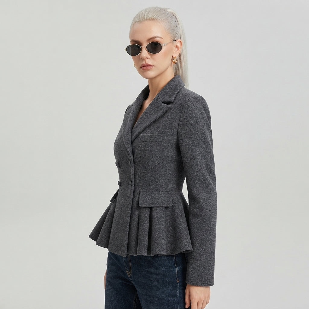 Grey Textured Double-Breasted Slim Fit Blazer