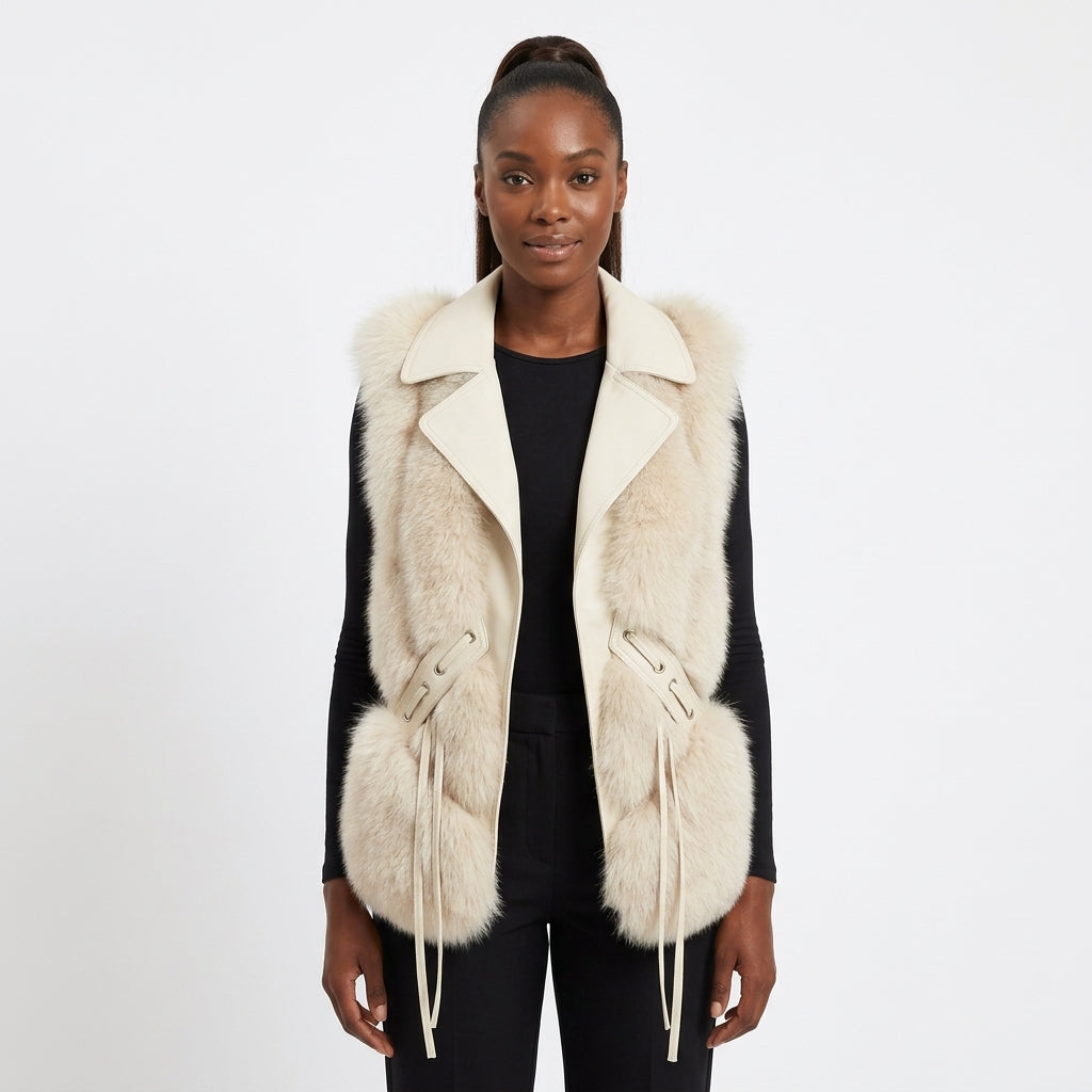 Lumiére faux fur gilet with lapels and side tie detailing