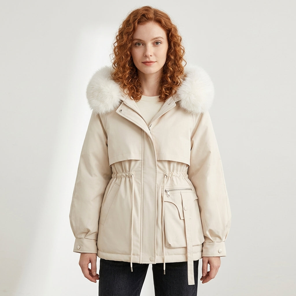 Elodie | Women's Puffer Jacket with Faux Fur-Trimmed Hood and Drawstring Waist