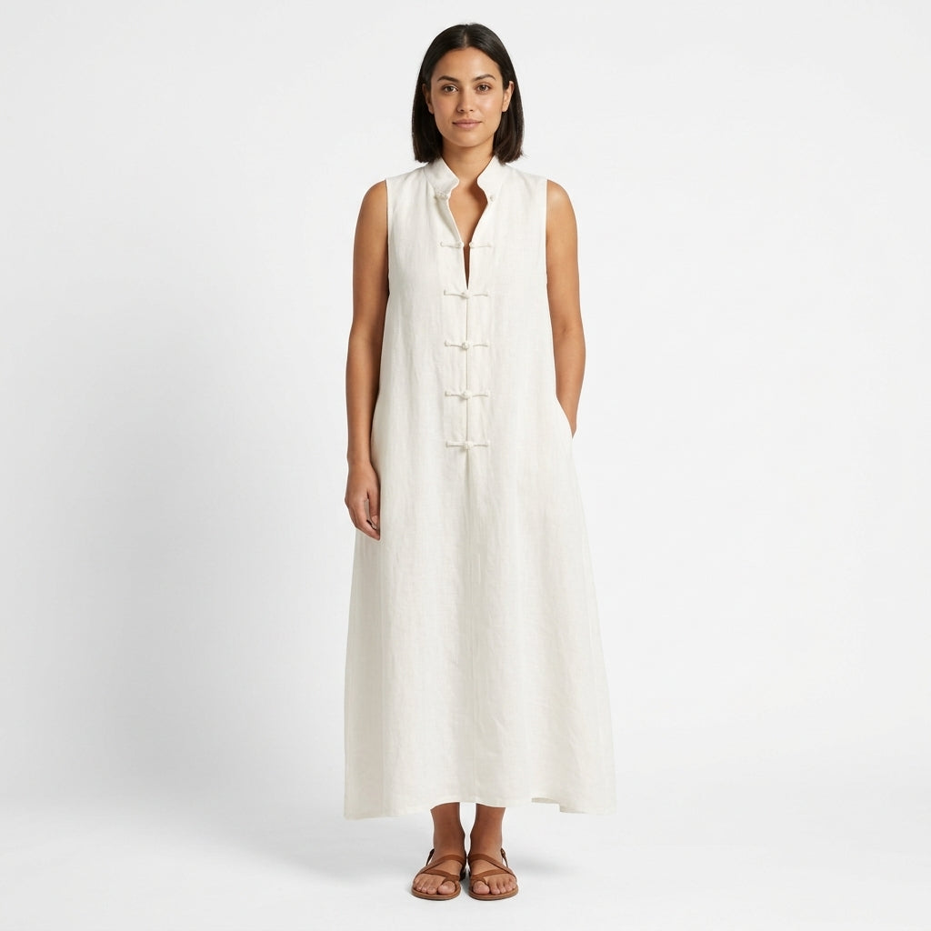 Savrani | Lightweight Sleeveless Maxi Dress with Mandarin Collar, Frog Closures and Pockets