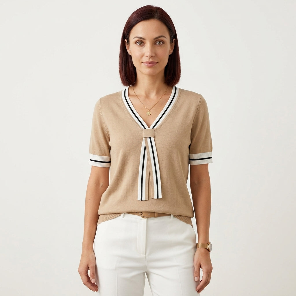 Grace | Women's Short-Sleeve V-Neck Sweater with Contrast Tie Detail