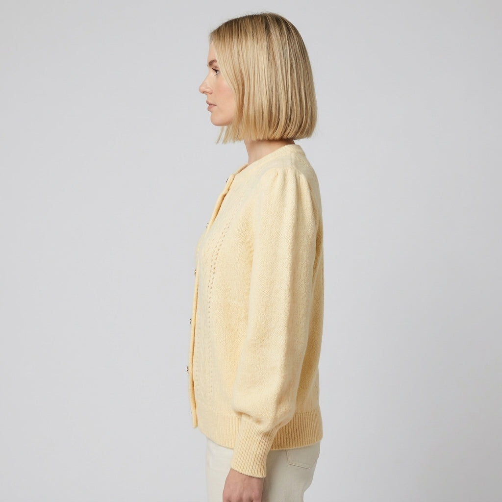 Cream Textured Knit Cardigan with Round Neck and Button Front