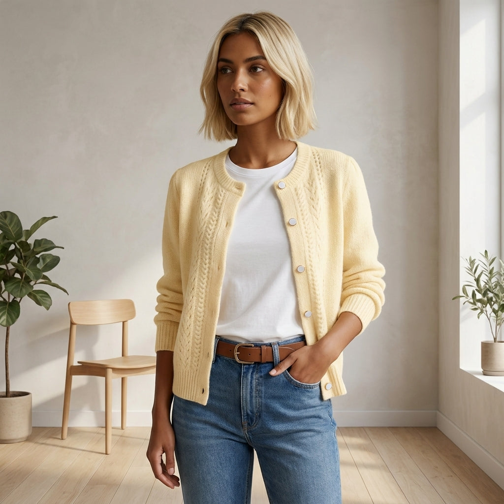 Cream Textured Knit Cardigan with Round Neck and Button Front