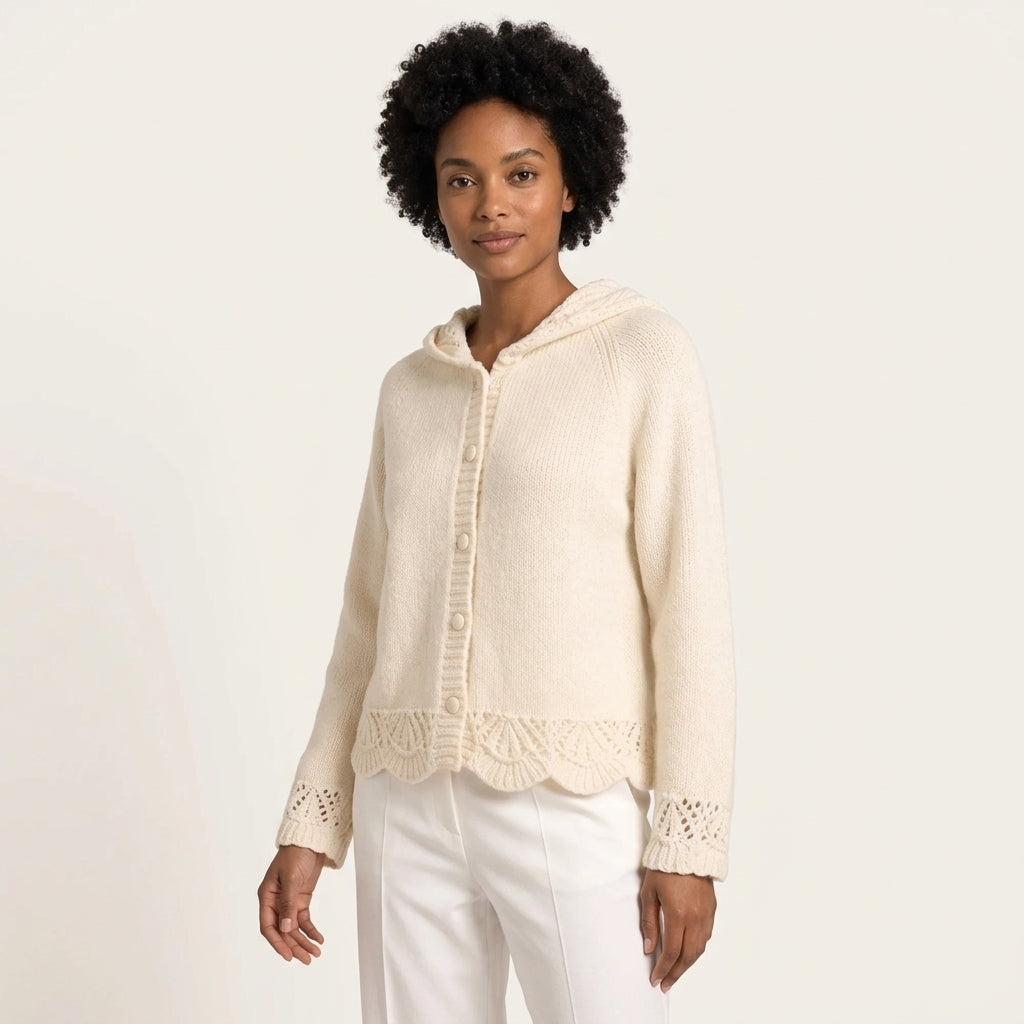 Camilla | Women's Button-Front Hooded Knit Cardigan with Scalloped Openwork Trim