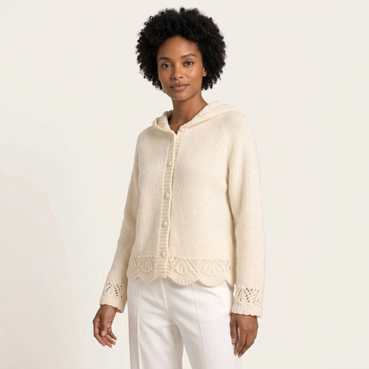 Camilla | Women's Button-Front Hooded Knit Cardigan with Scalloped Openwork Trim