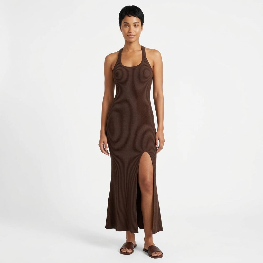 Sienna Sleeveless Ribbed Knit Long Dress with Front Slit