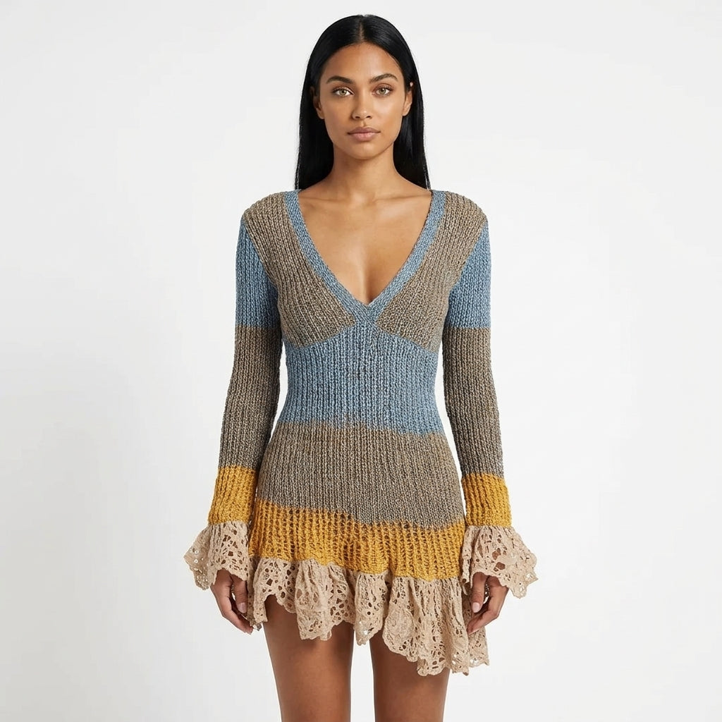 Marisol Color Block Ribbed Knit Mini Dress with Crochet Lace Trim