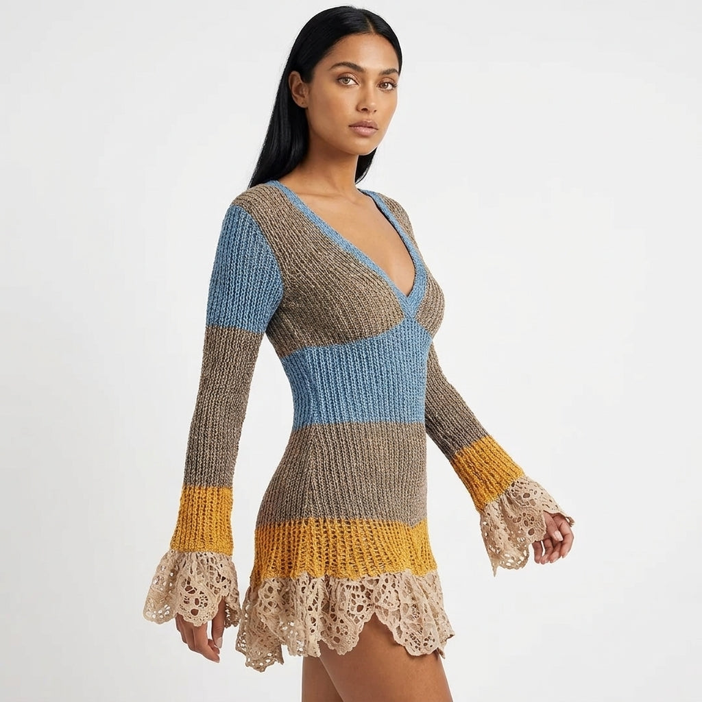 Marisol Color Block Ribbed Knit Mini Dress with Crochet Lace Trim