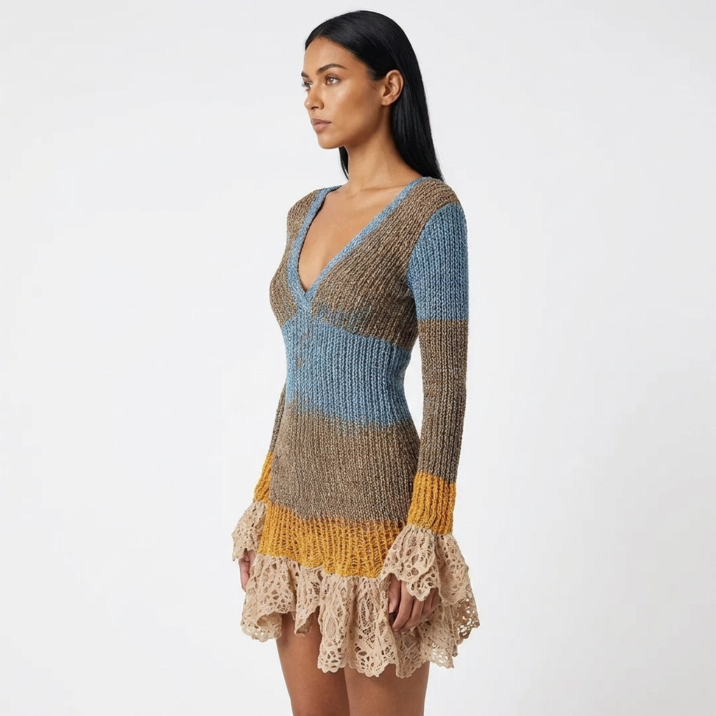 Marisol Color Block Ribbed Knit Mini Dress with Crochet Lace Trim