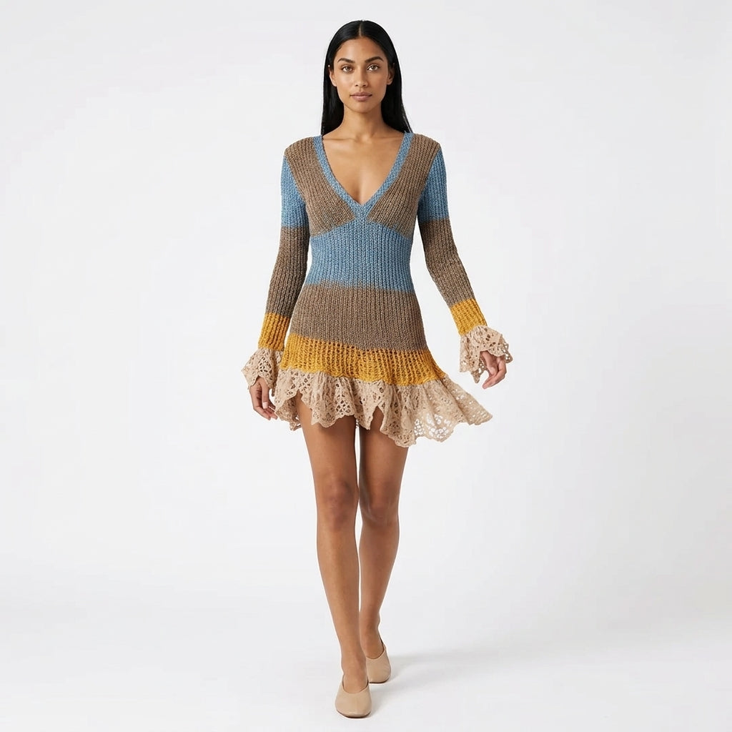 Marisol Color Block Ribbed Knit Mini Dress with Crochet Lace Trim