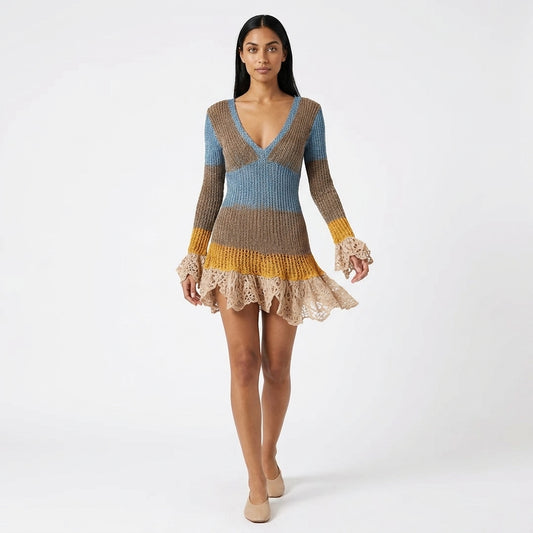 Marisol Color Block Ribbed Knit Mini Dress with Crochet Lace Trim