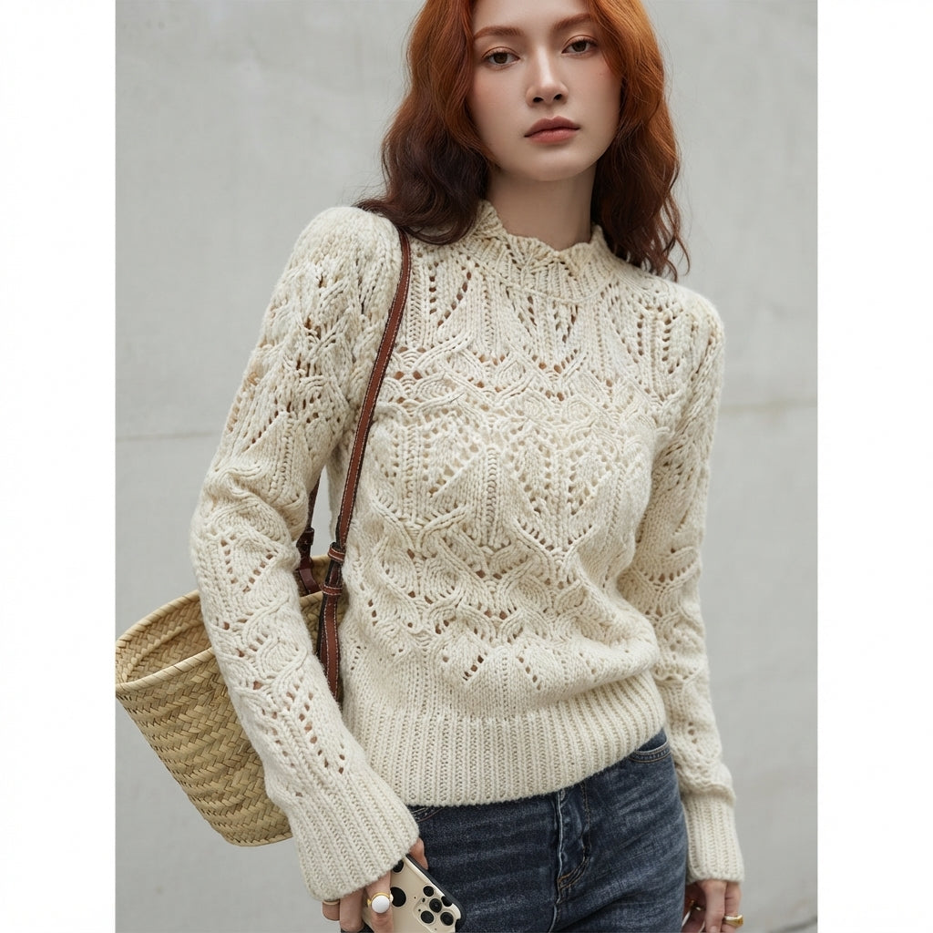 Off White Textured Cut Out Knit Sweater with Round Neck