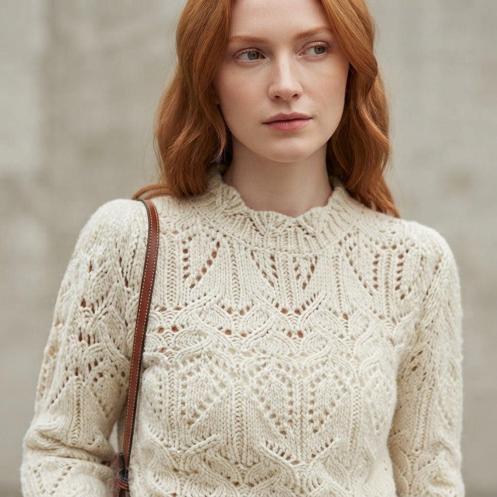Off White Textured Cut Out Knit Sweater with Round Neck