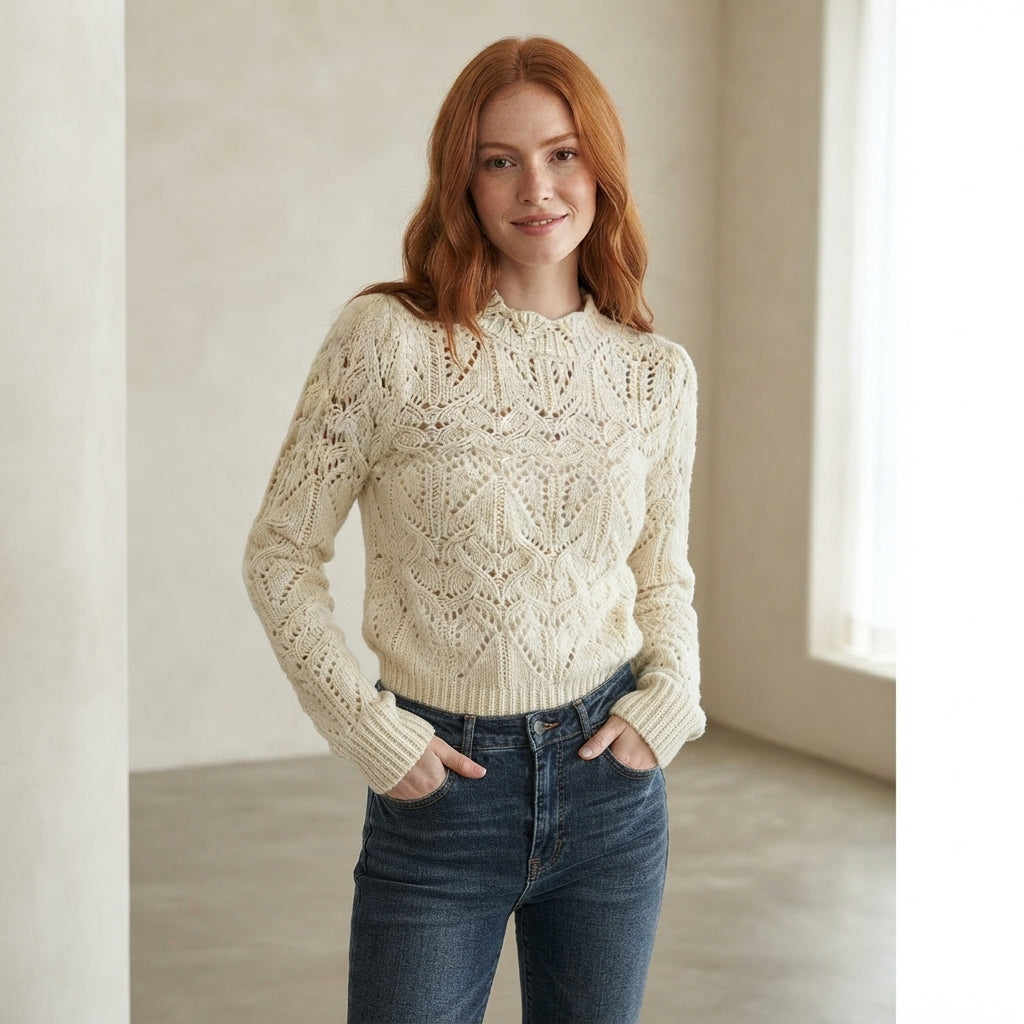 Off White Textured Cut Out Knit Sweater with Round Neck