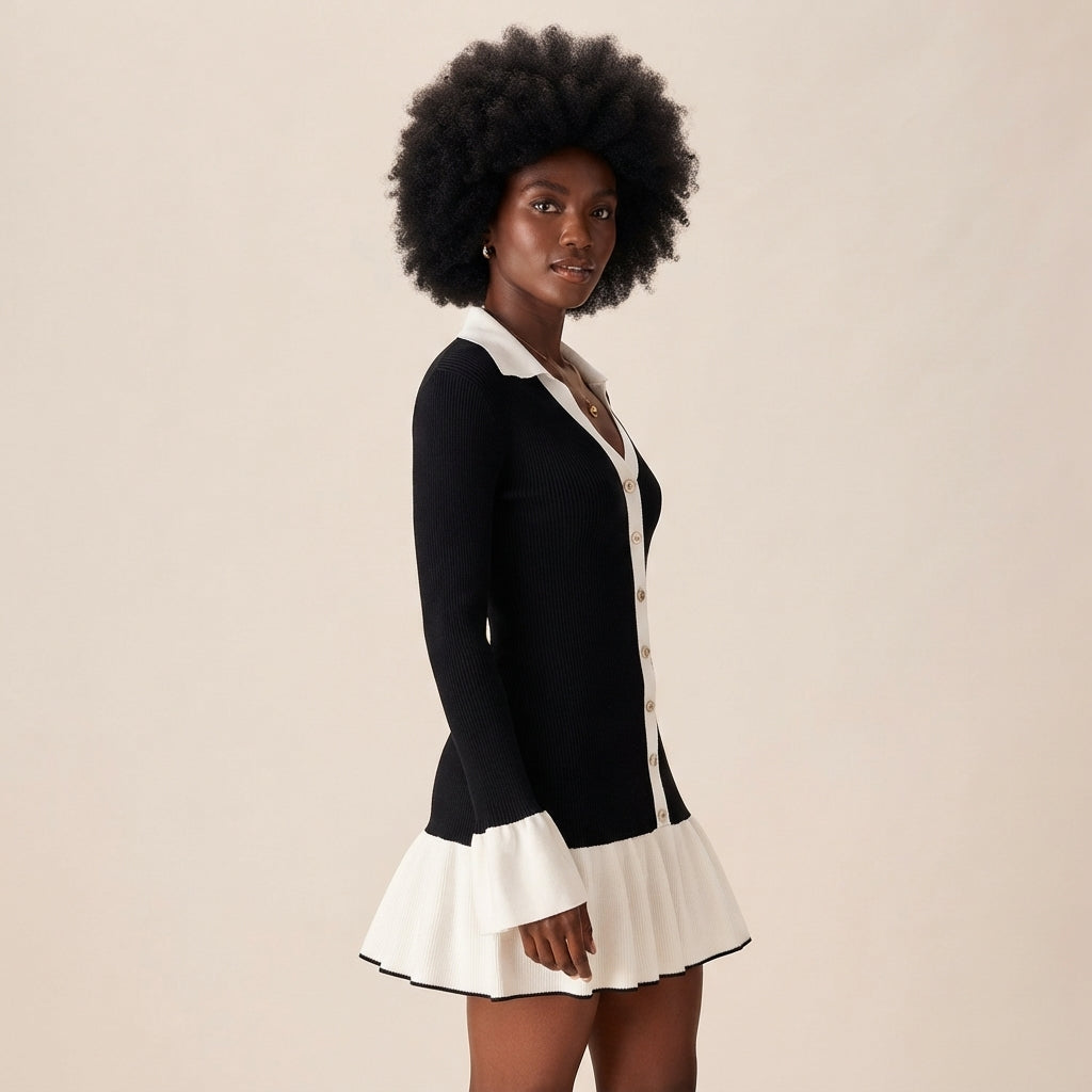 Black Contrasting Bell Sleeve Knit Sweater Dress