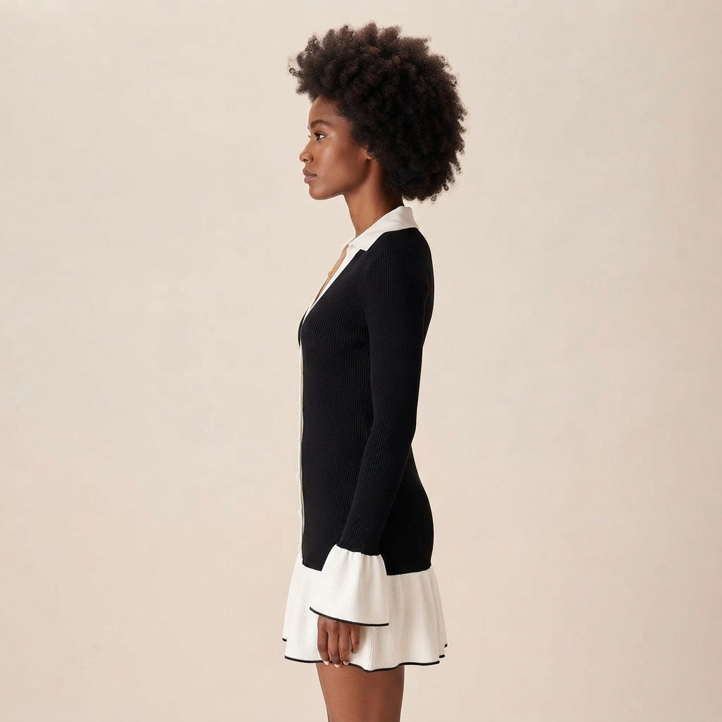 Black Contrasting Bell Sleeve Knit Sweater Dress