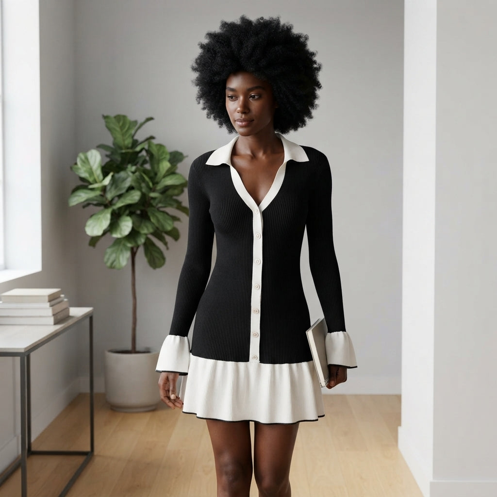 Black Contrasting Bell Sleeve Knit Sweater Dress