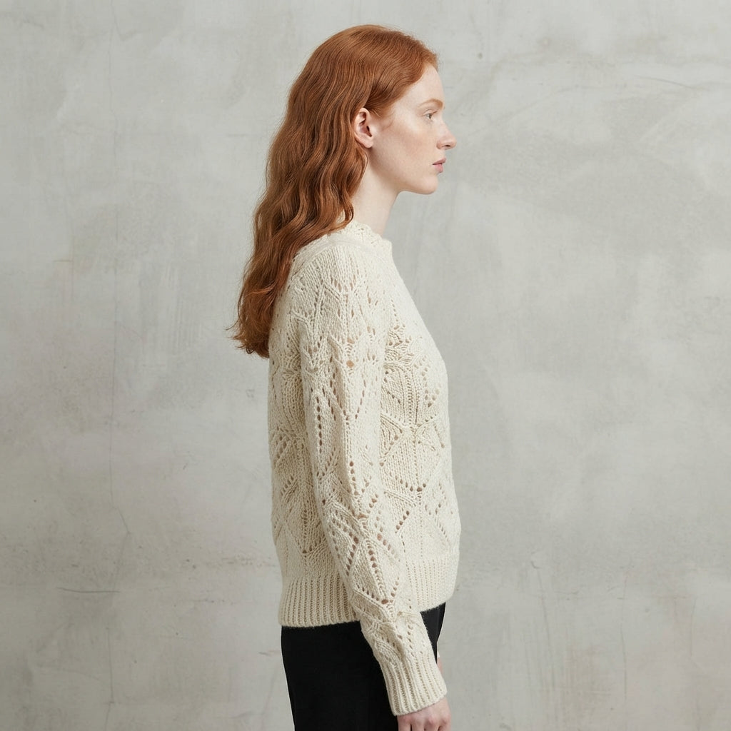 Off White Textured Cut Out Knit Sweater with Round Neck